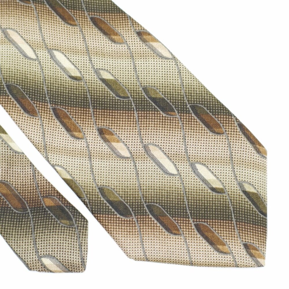 Screenplay By Martin‎ Wong Geometric Print Green Brown Wide Silk Tie